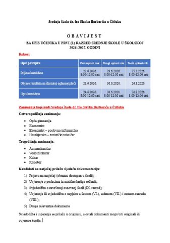 Obavijest o upisima u prvi srednje